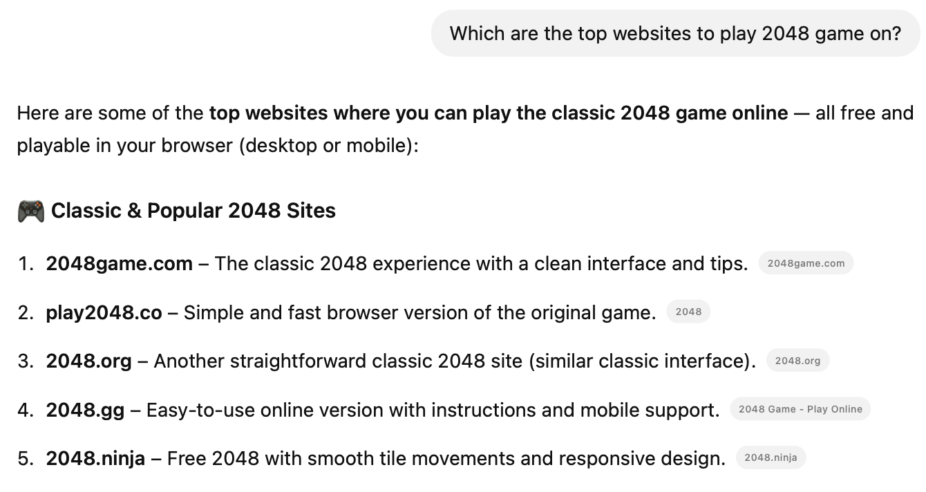 2048game.com – best 2048 site according to ChatGPT